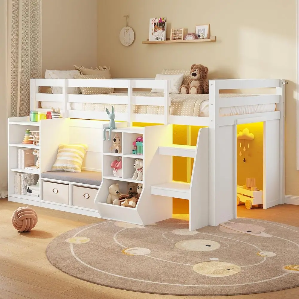 

Twin Size Low Loft Bed with LED Lights, Wooden Storage, Bookcase, Toy Box, Reading Nook, Secret Play Space, and Safety Rails