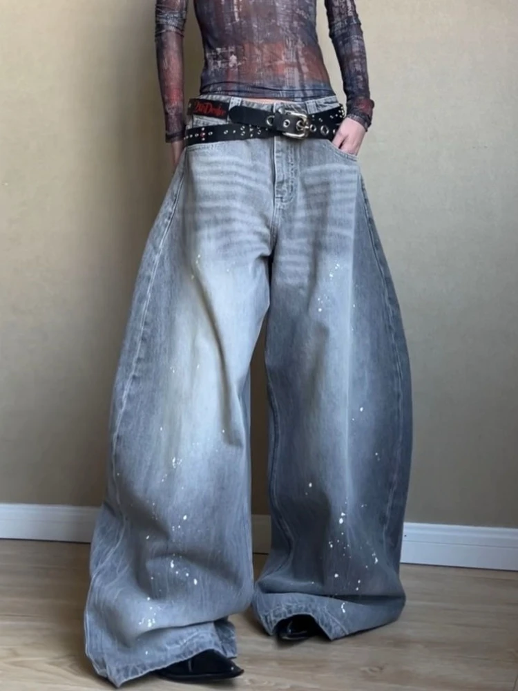 

HOUZHOU Vintage Splash-ink Jeans Women Y2k Harajuku Baggy Washed Denim Trousers Female Fashion Retro Streetwear Wide Leg Pants