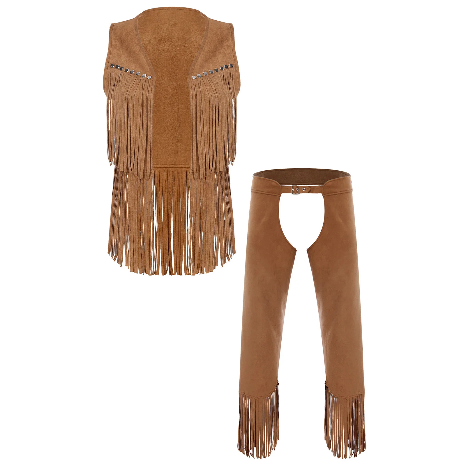 

Men Cowboy Costume Outfit Open Front Faux Suede Tassel Vest And Hollow-out Crotch Fringe Pants Halloween Cowboy Fancy Dress Up