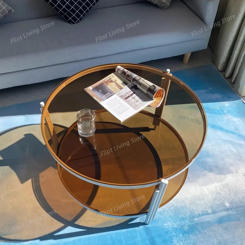

​​Nordic Round Coffee Tables Tempered Glass Double Layer Luxury Small Space Living Room Side Tables Minimalist Home