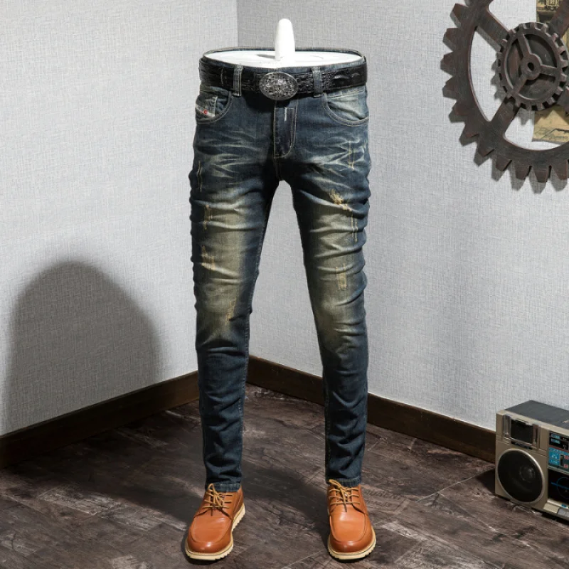 

JXN802 Slim trend versatile high quality nostalgic retro colour elastic hole jeans male Slim small leg trousers