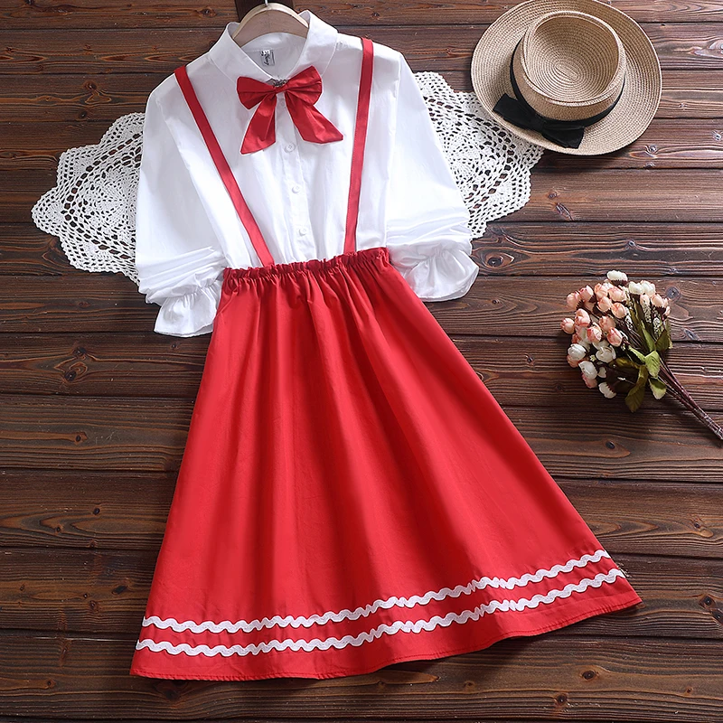 New spring fashion red solid dress mori girl long sleeve sweet dress