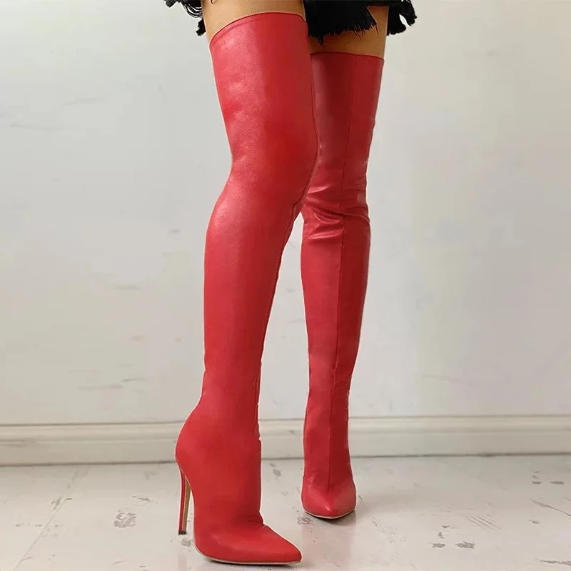 Classic Black Sexy Over The Knee Boots Women High Heels Shoes Red Thigh High Boots Spring Leather Long Boots Female Large size