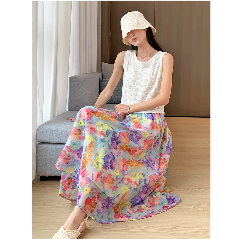 Beach Style 2025 New Arrival Summer Women Casual Floral Elegance A-line Skirt All-match Elastic Waist Ankle-length Skirts T137
