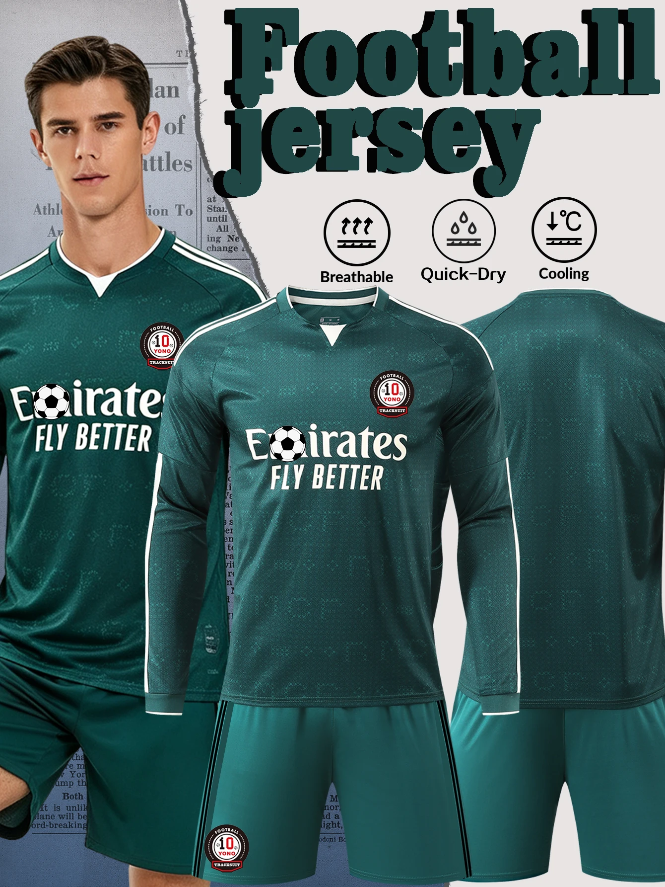 Men Dark Green Long Sleeve Football Jersey Set Soccer Uniform Quick Dry Breathable Shirt Shorts Kit For Training Match