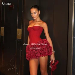 Qanz Sexy Rüschen Ballkleider Mini Burgund Cocktailkleider Korsett Minikleid Nachtclub Specila Anlasskleider Maßgeschneidert