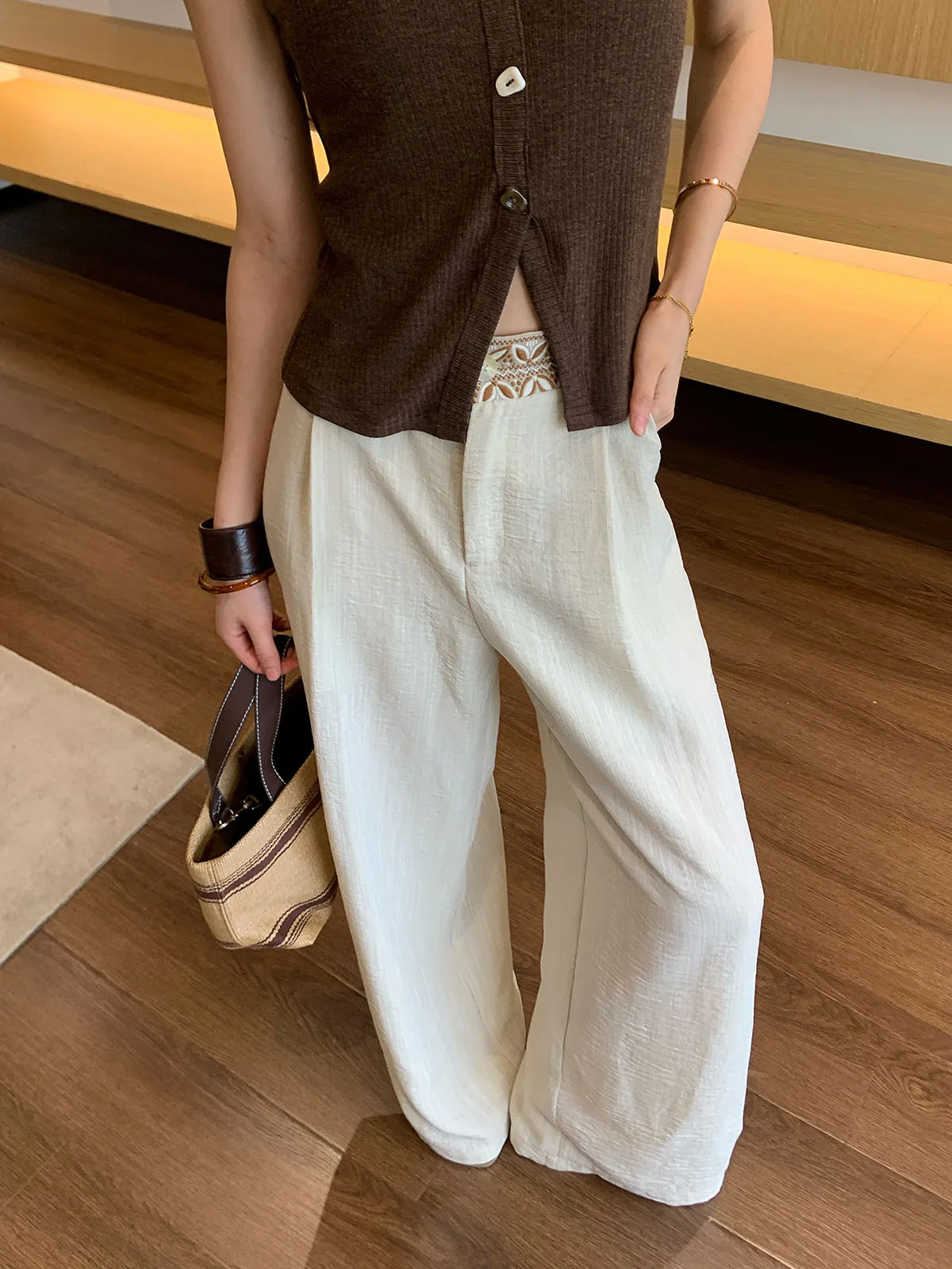 

Slimming Casual Pants Drapey Floor-Length Chinese Sle Faionable Summer Straight Leg Wide Leg Pants High Waist Elastic Waist