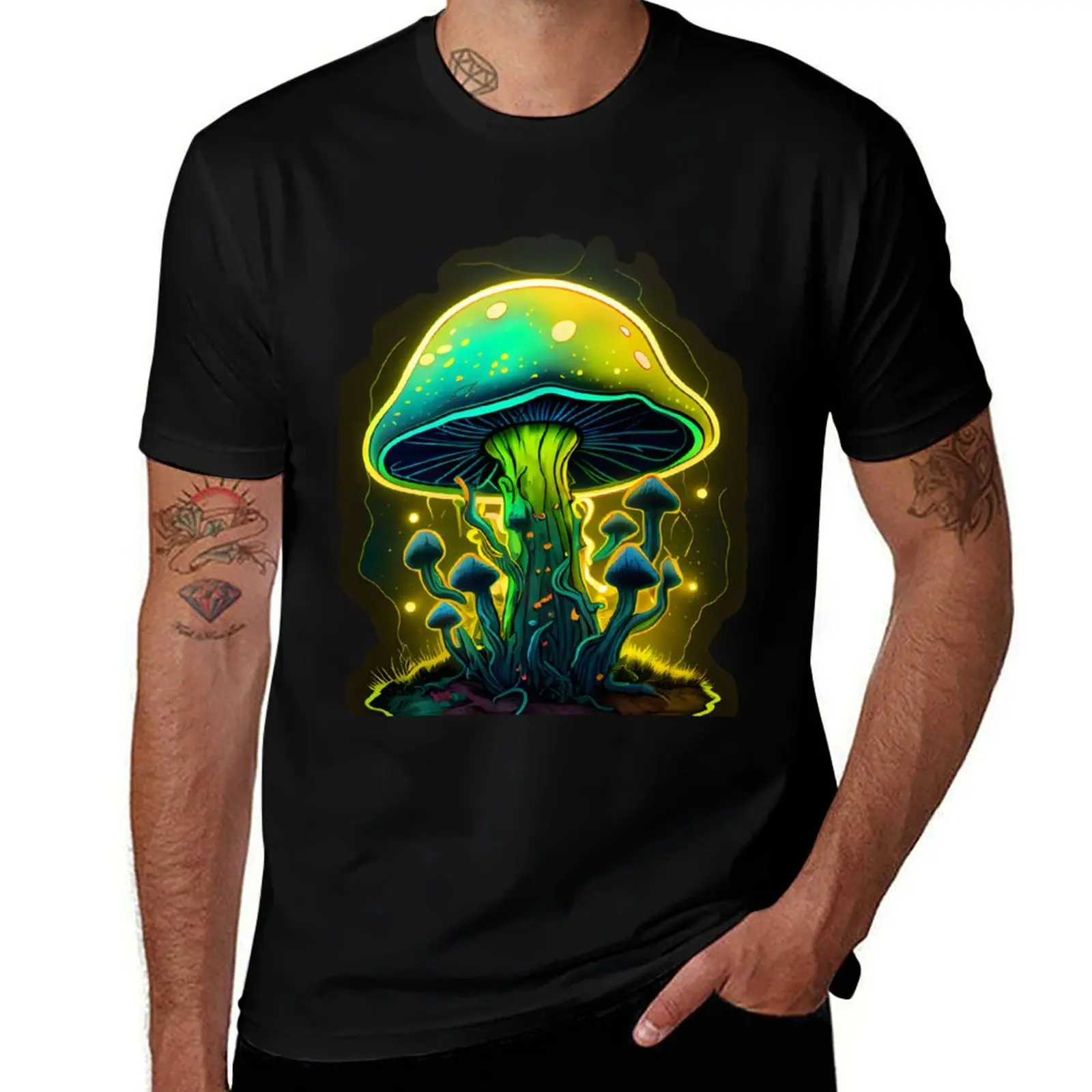 Psychedelic Neon Mushroom Toadstool in Greens and Oranges T-Shirt Novelty Graphic Tee Shirt T-Shirt