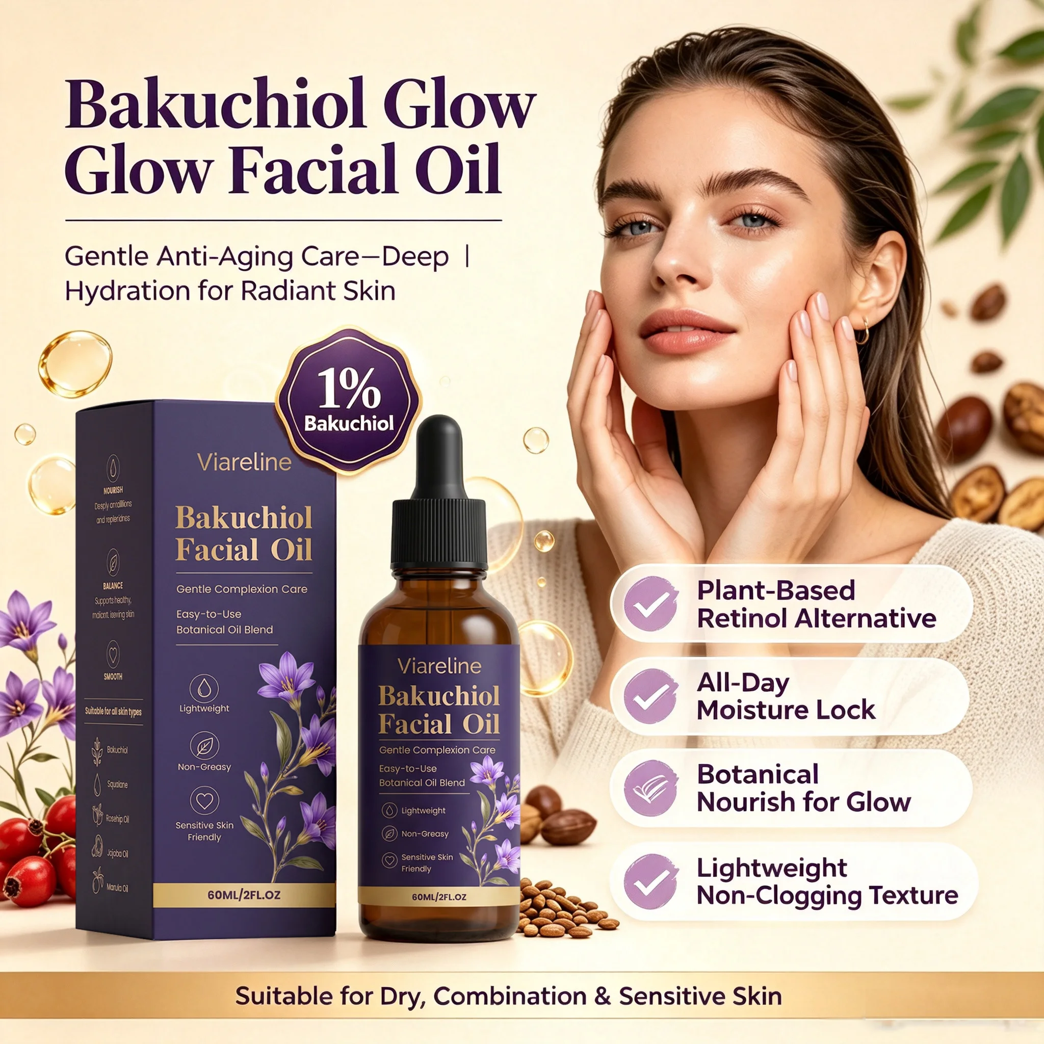Bakuchiol Facial Oil Botanical Youth-Boosting Serum Oil for Radiant, Smooth & Hydrated Skin, Non-Greasy Anti-Aging Face Care