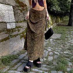 2000s Women's Clothing Trendy Retro Style Skirt, Vintage Tawny Leaves Printed Pattern Low Waist Flowy Skirt