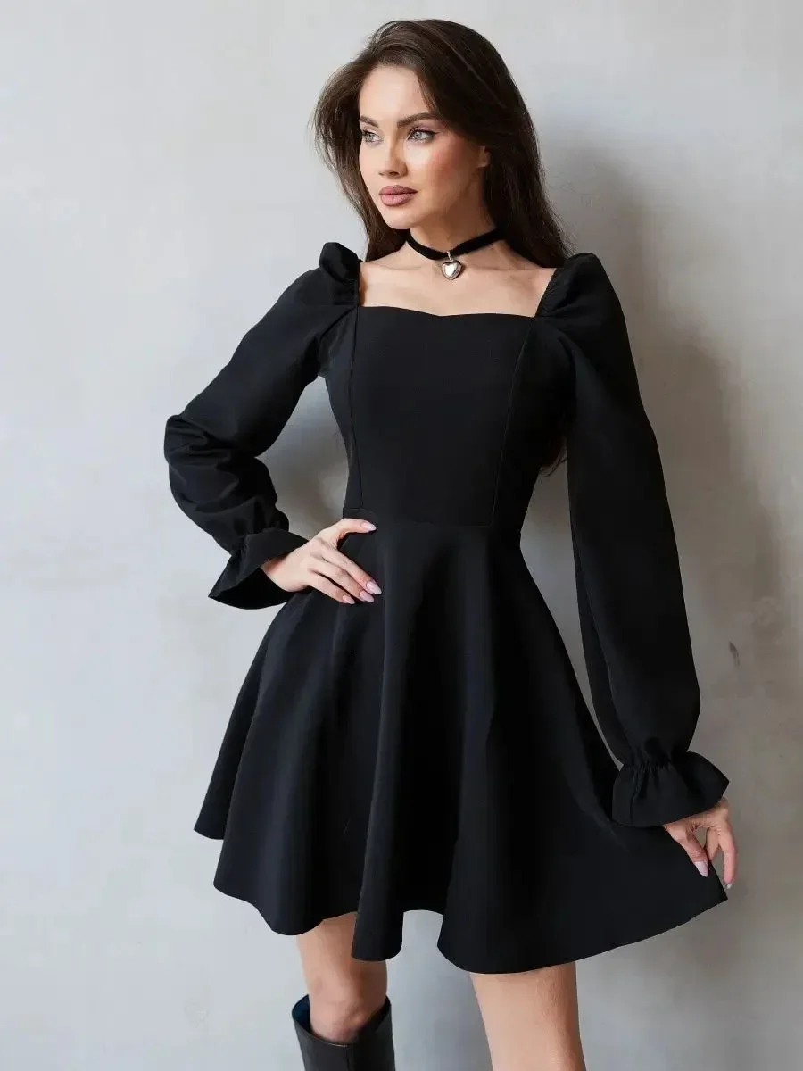 2024 Spring Elegant Black Commuting Mini Dress Women Autumn Sexy Long Sleeve Bodycon Dresses Lady Fashion Chic Party Club Robe