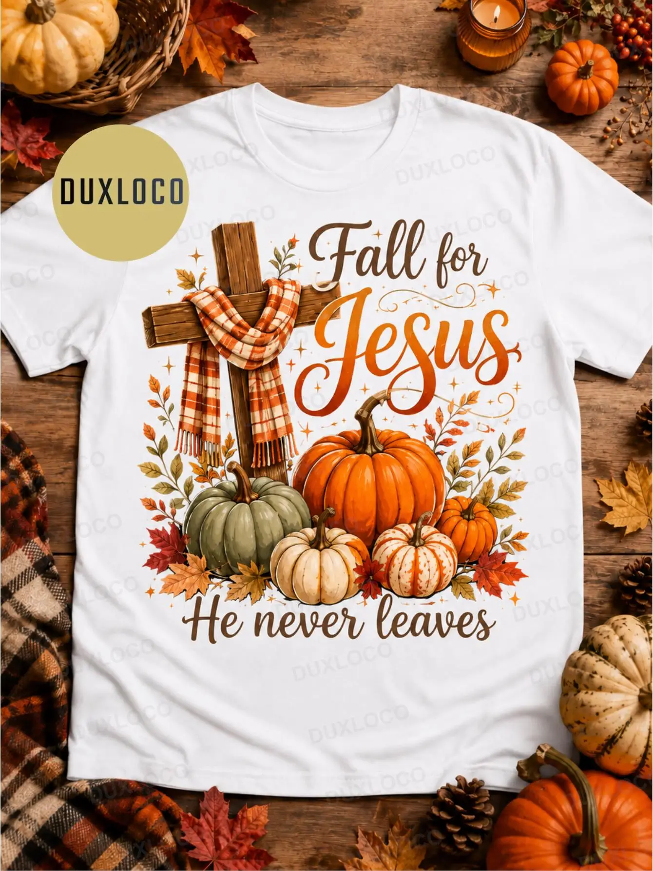 1pc Men'S And Women'S Fall for Jesus He Never Leaves Leaves Autumn Christian T-Shirt Casual Crew Neck Tee Regular Fit Short Sleeves for Fall Halloween All Seasons Perfect Gift Retro Printed 180G 100%