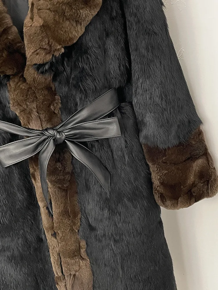 ZMEENNA Women's Luxurious Long Black Faux Fur Coat With Brown Trim And Belt Elegant Warm Winter Outerwear Jacket Classic ZM3413