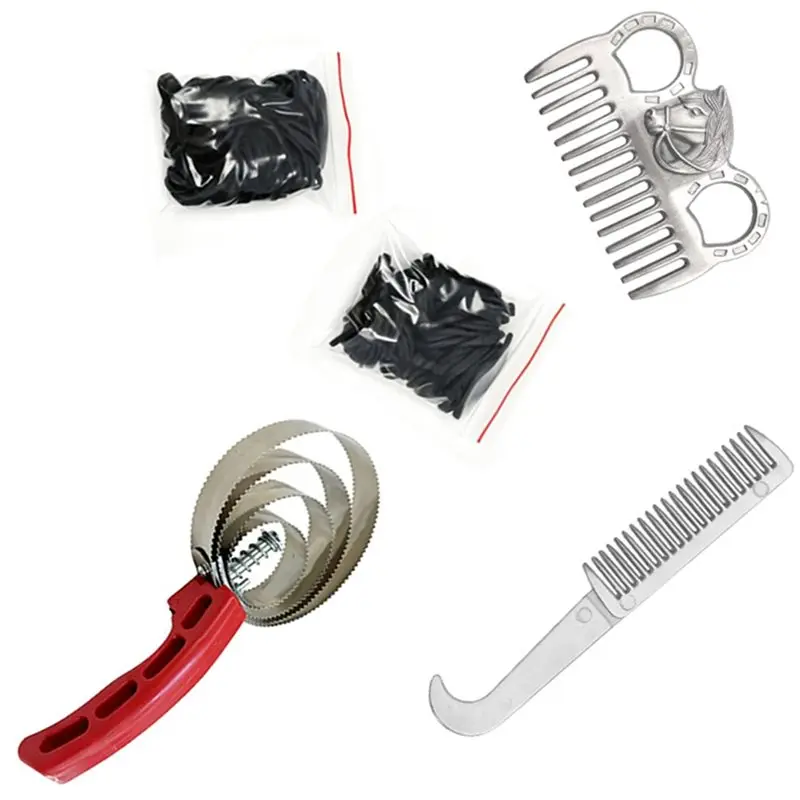 A89E-Horse Brush Scraper Reversible Shedding Comb 4 Rings Comb Horse Mane Combing Set With Soft Grip For Horses Dogs Grooming