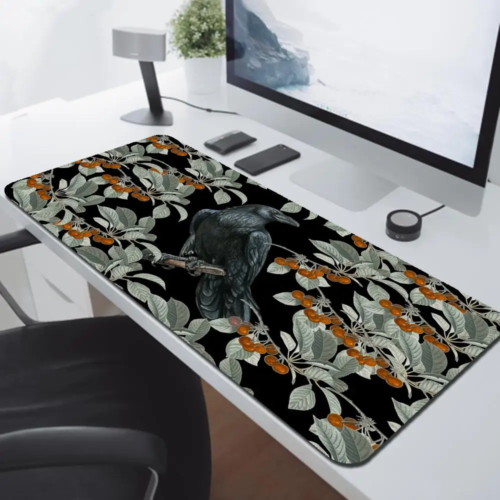 Dark Forest Witch Desk Mat Rubber Base Crow in Cherry Bush XXL Gaming Mousepad Fabric Overlock Cottagecore Extended Mouse Pad