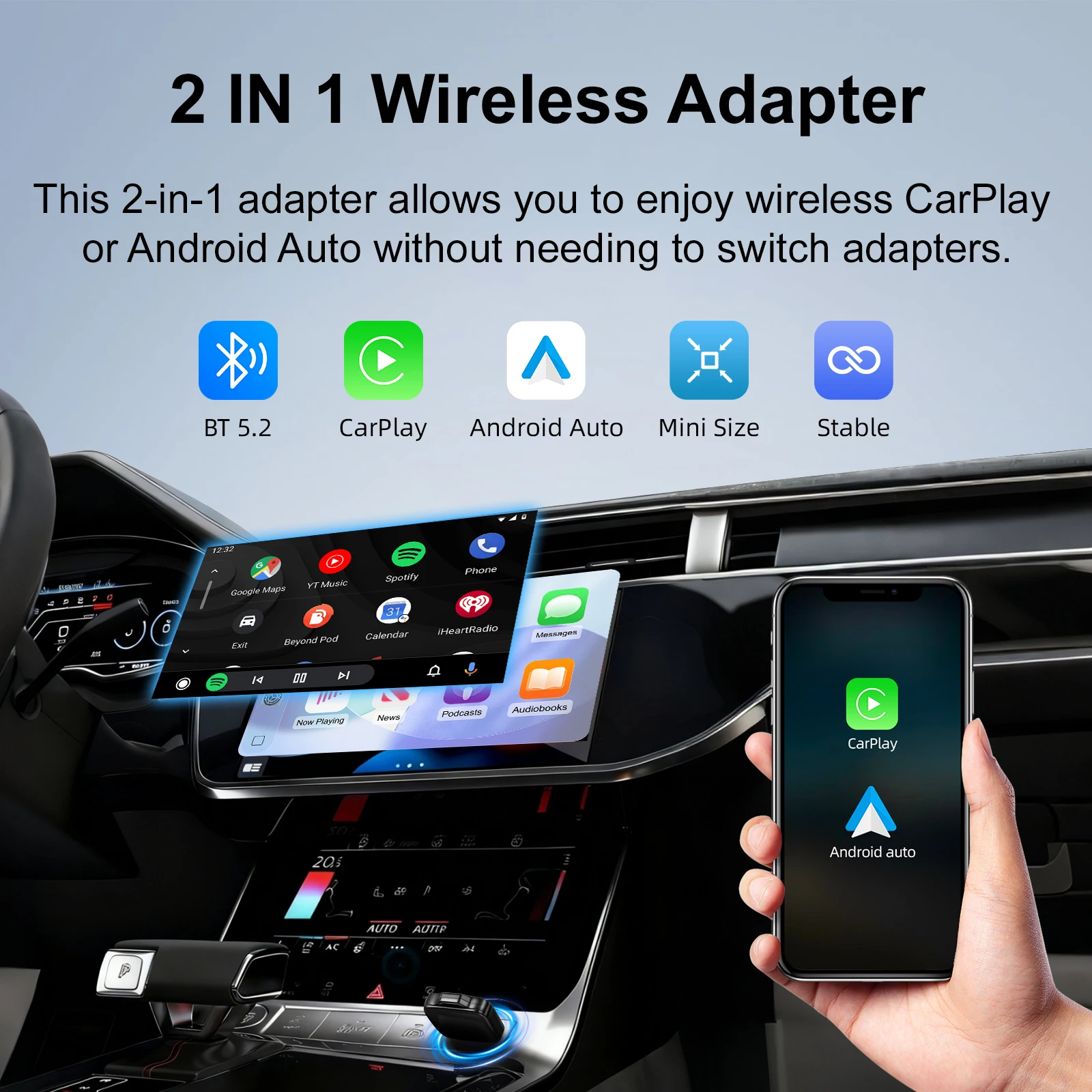 Ezonetronics Wireless CarPlay Android Auto Adapter for Factory Wired Car, Wireless CarPlay & Android Auto 2 in 1