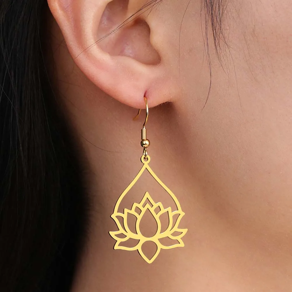 My Shape Anting-anting tetesan Lotus berongga untuk wanita anting-anting Juntai bunga baja tahan karat hadiah perhiasan Buddhisme Yoga jimat grosir