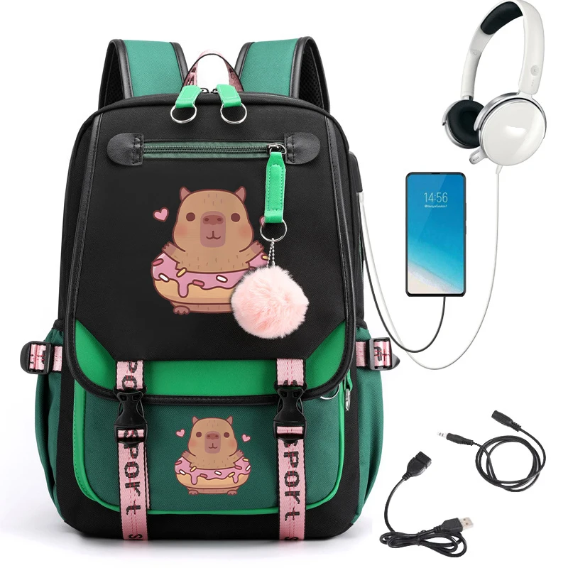 Cute Capybara Donut Mochila Escolar para Adolescente, Student Schoolbag, Anime Bagpack, Carregamento USB, Adolescentes Bookbag, Tendência