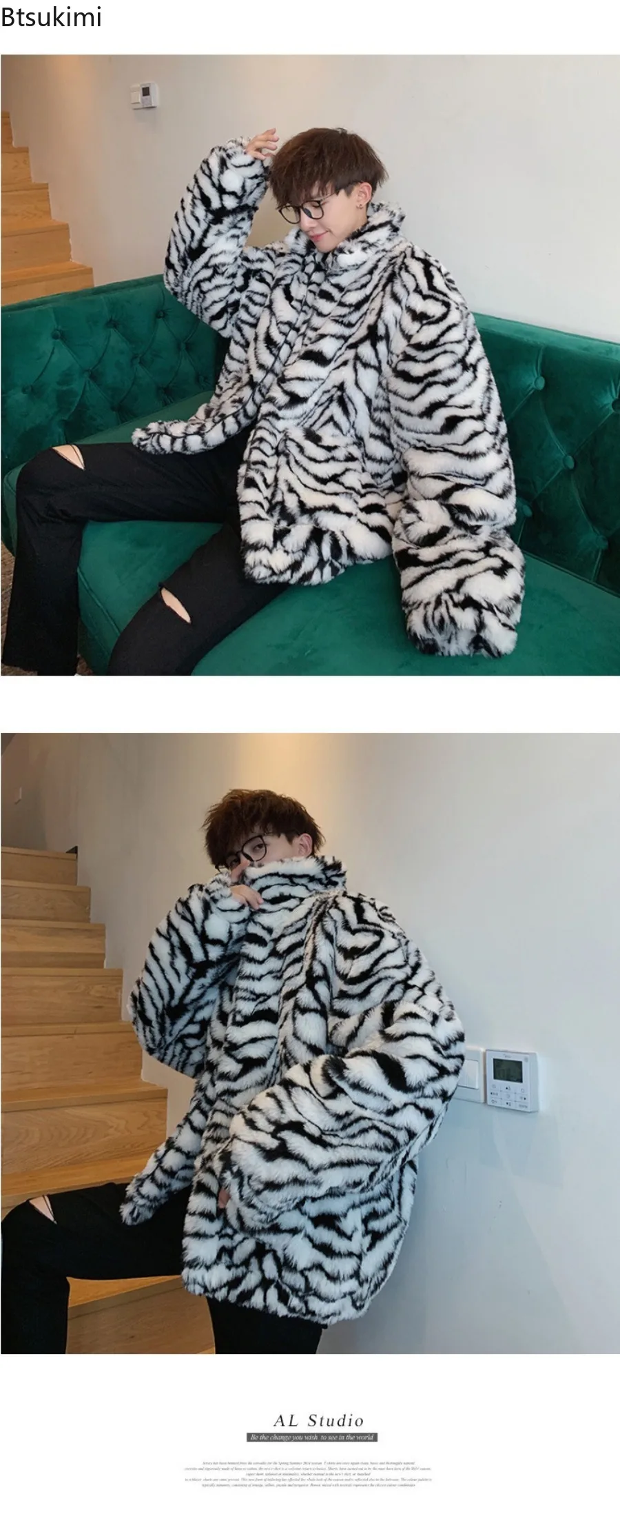 Fashion Tiger Stripes Print Men Jackets Loose Fluffy Faux Fur Long Sleeve Casual Warm Coats Autumn Winter Harajuku Retro Jackets
