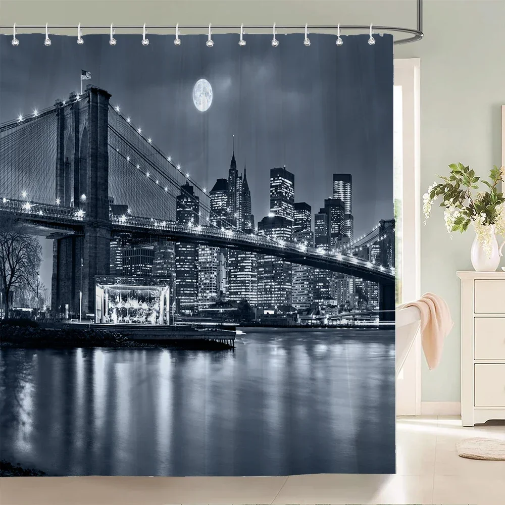 

New York Night Landscape Shower Curtain City Bridge Building Bath Curtains 3D Retro Black White Photo Bathroom Decors Curtain
