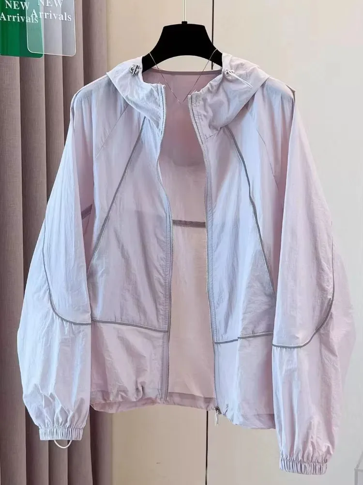 Fashion Simple Thin Coats Hooded Long Sleeve Patchwork Protection Summer Jackets Casual Loose Tops All Match Women's Clothing