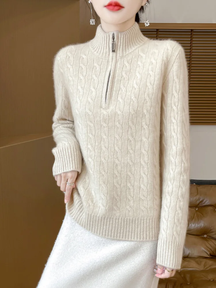 100% Merino Wool Women's Stand Up Collar Pullover Half Zipper Autumn Winter Thick Casual Fashion Knitted Cashmere Sweater