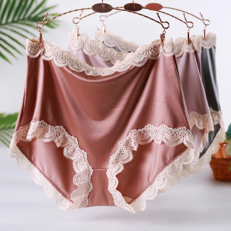 Plus Size Women Panties Soft Ice Silk Seemless Underpants High Waist Knickers Lace Briefs Summer Breathable Underwear 55-120kg