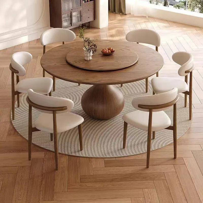 Round Solid Wood Dining Table with Turntable and Basalt Stone Top for Vintage Rustic Style Minimalist Small Space Homes Beech
