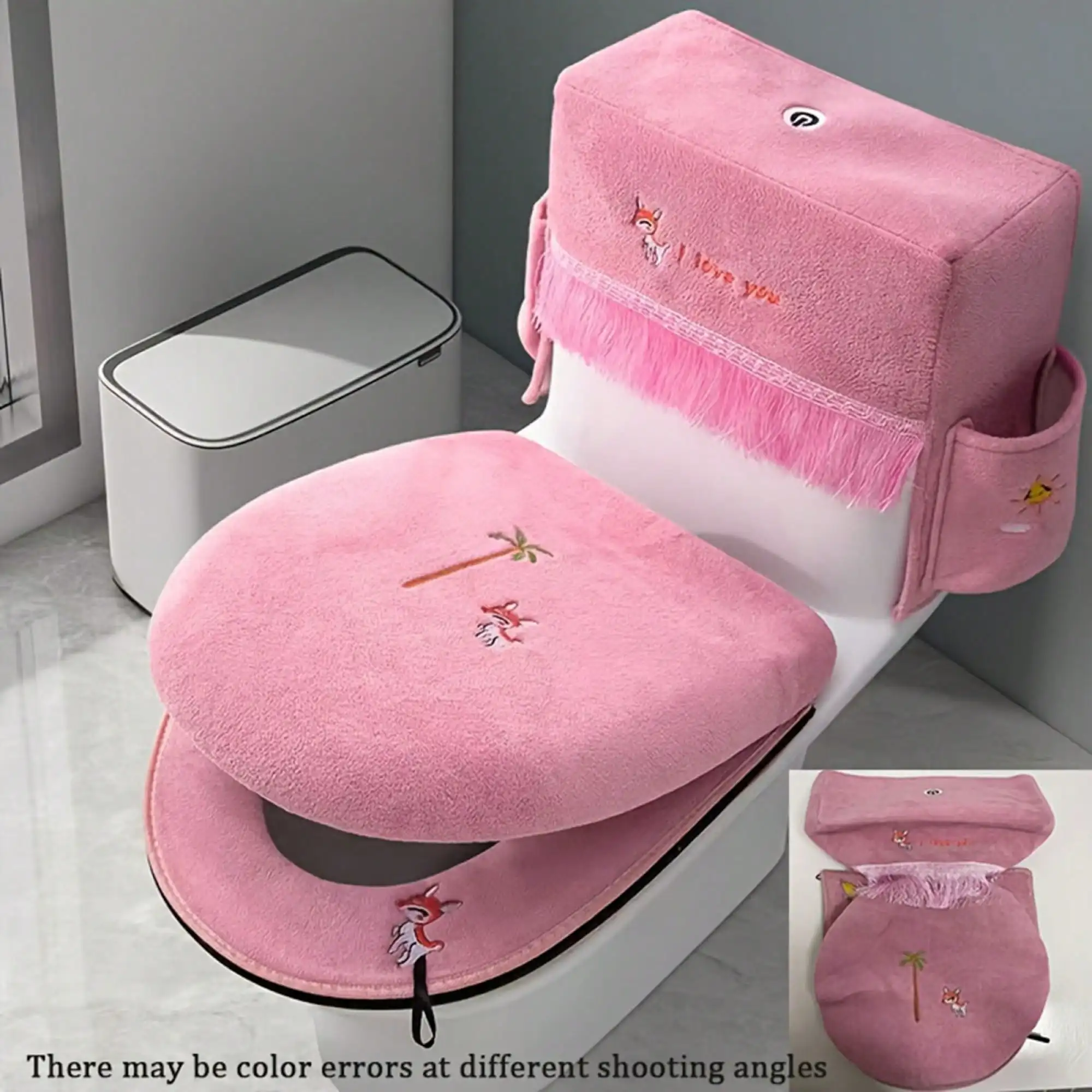 3-Pcs Toilet Seat Cover Set, Zippered, Cute Animal Embroidered, Soft Fleece Toilet Tank Lid Cover and Seat Pads