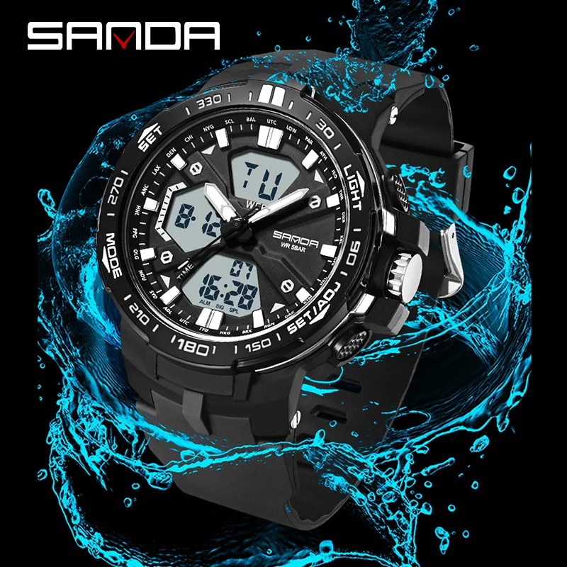 SANDA Top Brand Men\'s Sports Dual Screen Electronic Watch Multifunction Countdown Timing Waterproof LED Digital Male Wrist watch