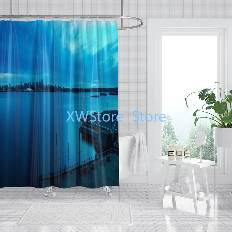 

Blue Sky White Clouds Peaceful Sea View Bathroom Curtain Mediterranean Scenery Seawater