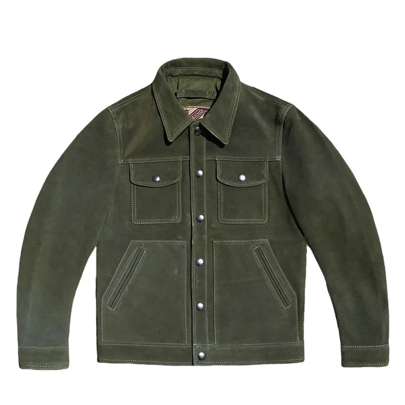 Dark Green Autumn Leather Jacket Men Casual Style Plus Size 3XL Genuine Natural Cow Suede Turn-Down Collar Single Breasted Coat