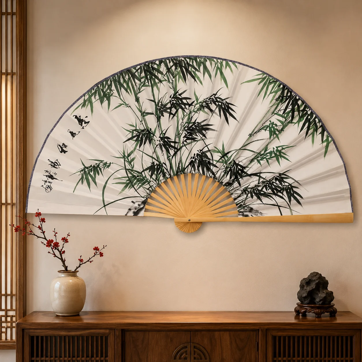 Extra Large Chinese Wall Decor Fan, Bamboo Frame, Xuan Paper & Silk‑like Satin Material, Ink Painting Hanging Fan for Home Wall