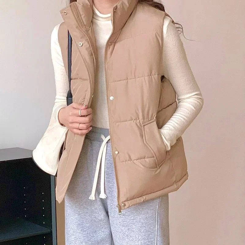 2024 New Autumn Winter Loose Vest Women Jacket Stand Neck Puffer Cotton Vest Warm Sleeveless Waistcoat Female Outerwear