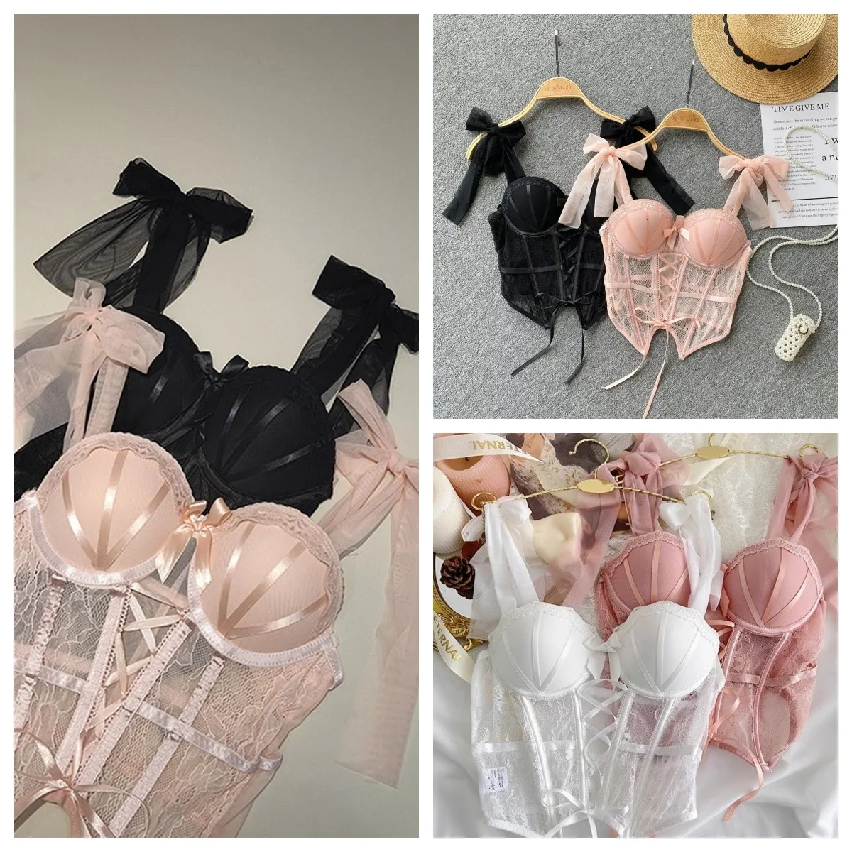 Conjunto de lencería sexy de encaje: Top halter con diseño de espina de pescado y almohadillas, parte inferior fina y parte superior gruesa, para mujer.