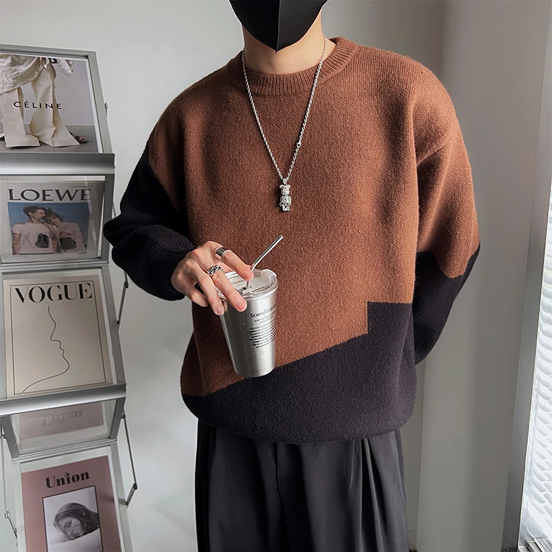 

Мужская зимняя трикотажная кофта свободного кроя с круглым вырезом, в стиле колор-блок, модная базовая рубашка, удобная дышащая одежда с длинным рукавом