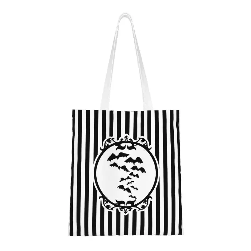 

Stripes And Bats Groceries Shopping Tote Bag Women Cute Goth Occult Witch Halloween Canvas Shoulder Shopper Bags Handbags