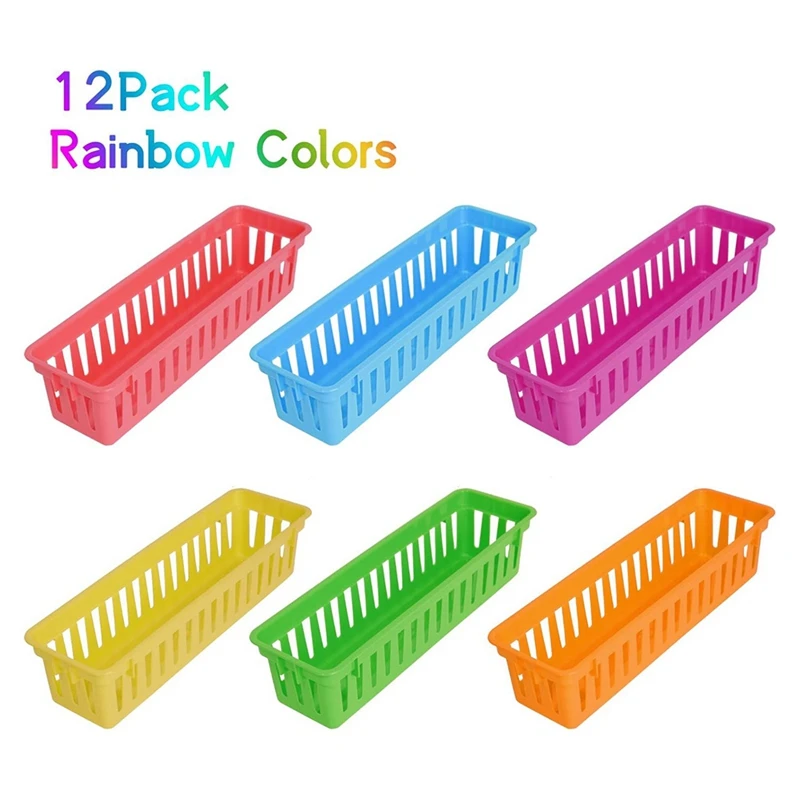 12 Pack Pencil Organizer Basket Trays, Rainbow Colors Desk Storage For Kids, Classroom Supply Holders For School