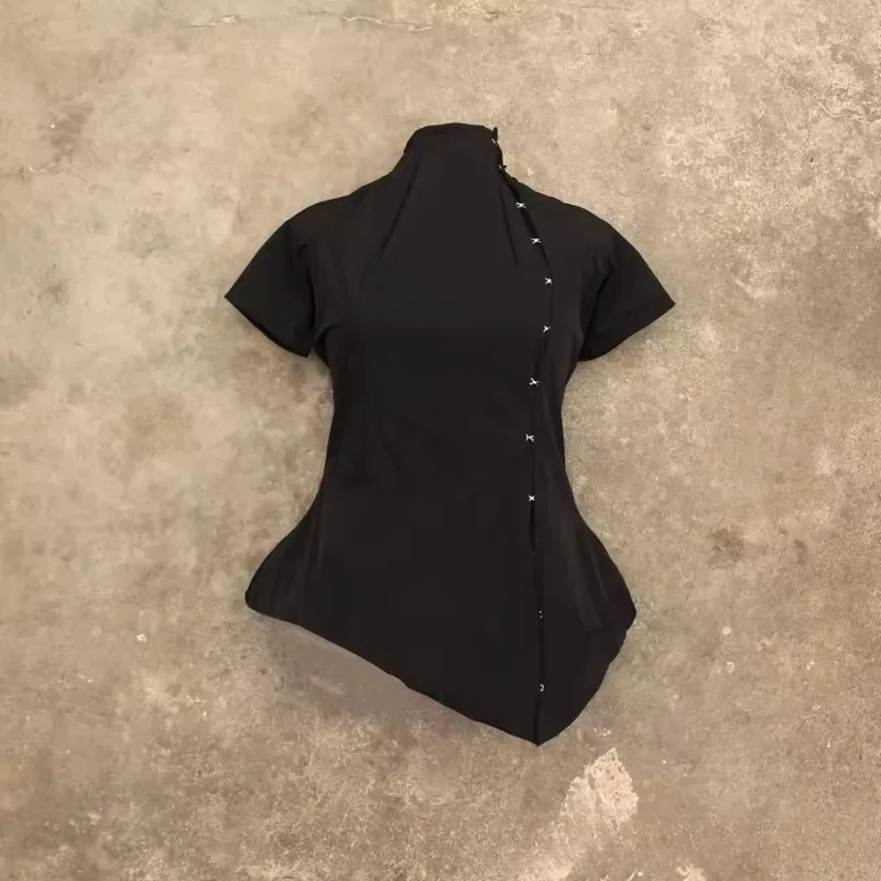 Nueva Camiseta de Manga Corta con Cuello Irregular Estilo Chino Y2K, Top Punk Ajustado de Una Sola Pieza con Personalidad Urbana