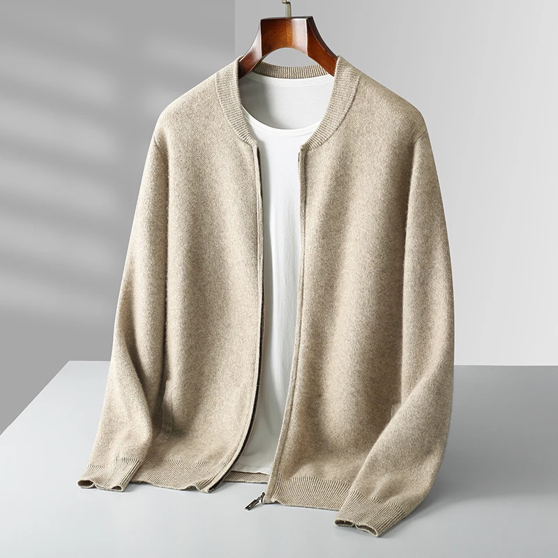 Minimalist Spring Autumn Men's Clothes 100% Merino Wool Zipper Cardigan Knitwear Cashmere Normcore Sweater Korean Basic Coat Top