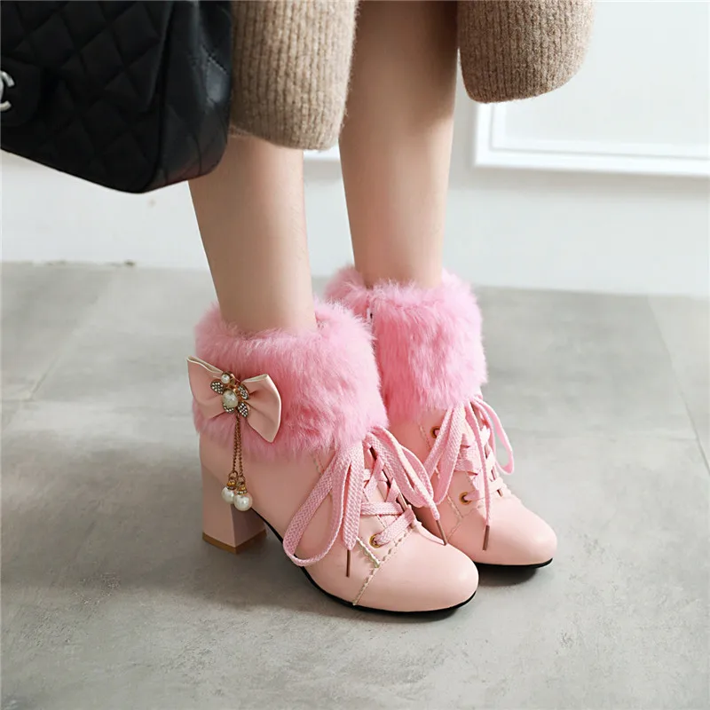 Size29-43Lolita Girls Winter Boots Pink Women Fur Butterfly-Knot Lovely Ladies High Heel Short Boots Cosplay Party Wedding Shoes