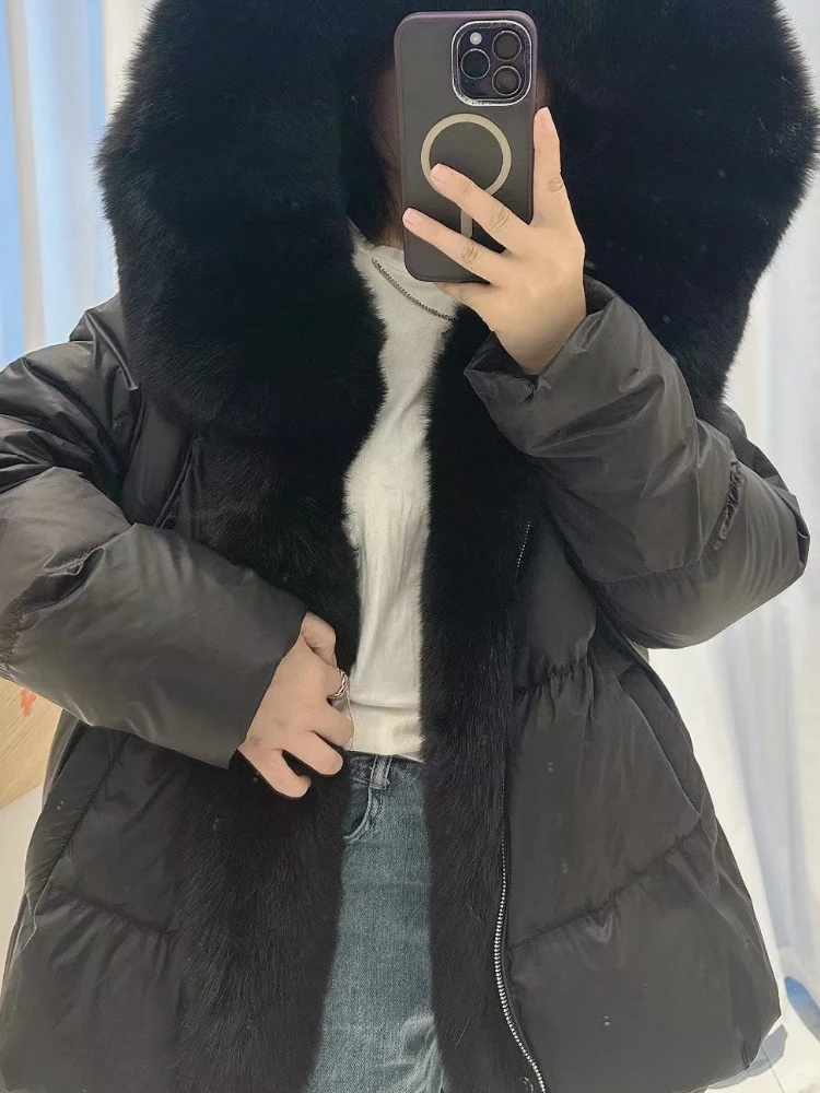 2023 Women Coat White Duck Down Jacket Super Large Real Silver Fox Fur Collar Hooded New Fashion Outerwear Puffer Jacket New