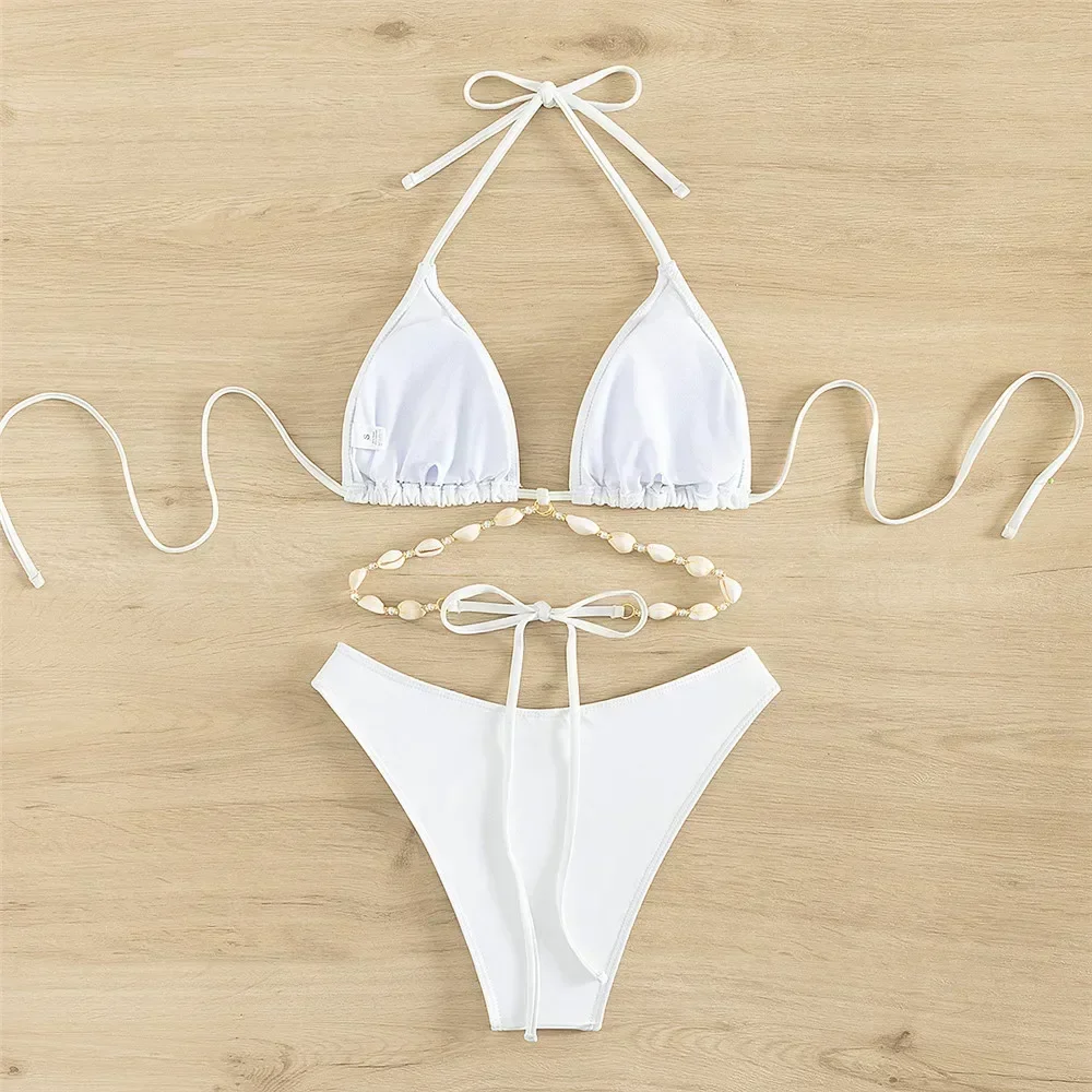 Sexy White Shell String Halter Triangle Bikini Set Women Swimwear Micro Thong Swimsuit Bathing Suit Mini Bikinis 2025 Mujer Swim