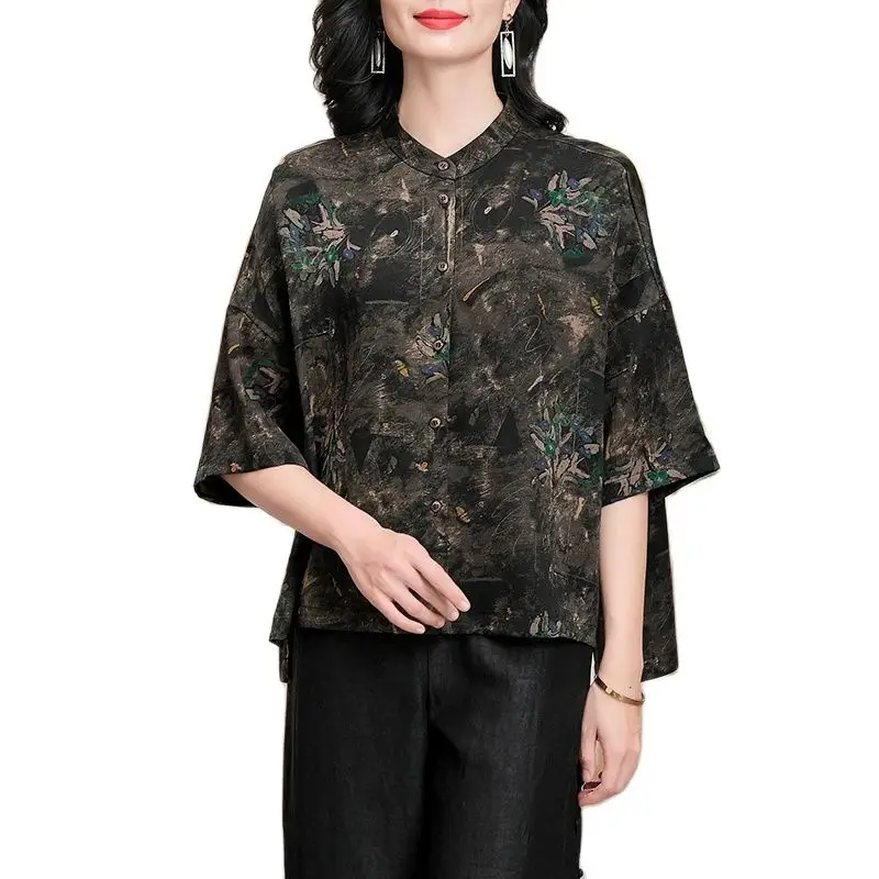 Vogelboom, Gewaterd Gaas Echte Zijden Shirts, Vrouwen 3/4 Mouwen Bloemen, Pendelen Elegante Retro Blouse, 2024 Lente Zomer Nieuwe T45740qm