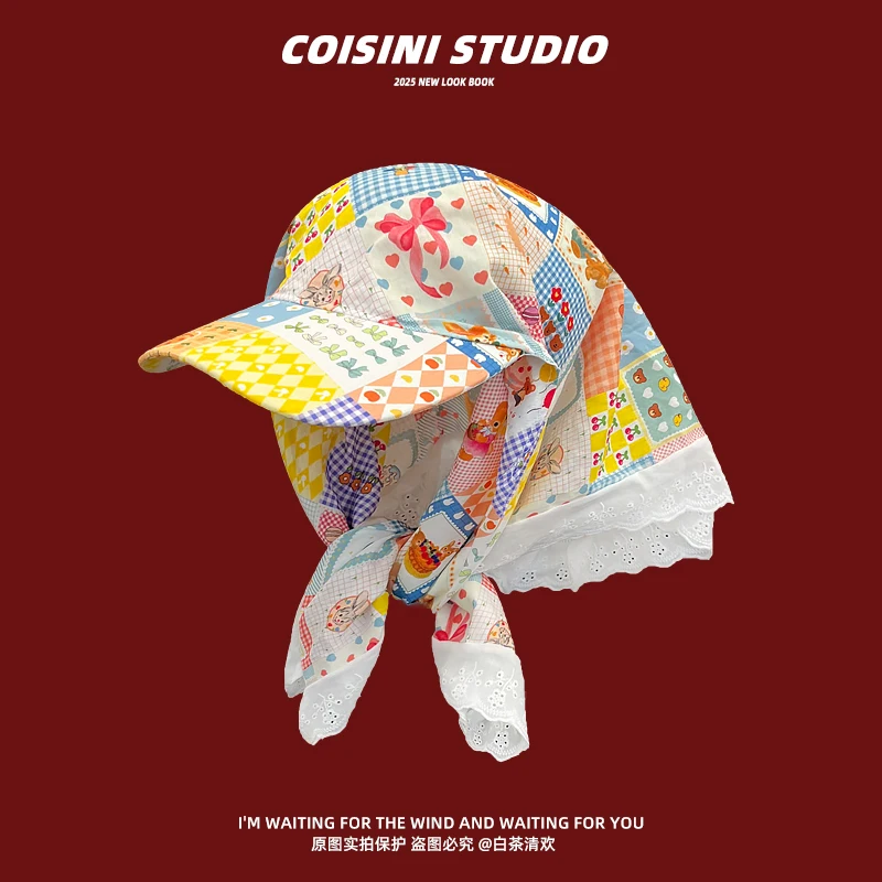 French Sweet and Cute Cartoon Print Headscarf Caps for Women Spring and Summer Travel Sunscreen Fashion Versatile Sun Hat 3