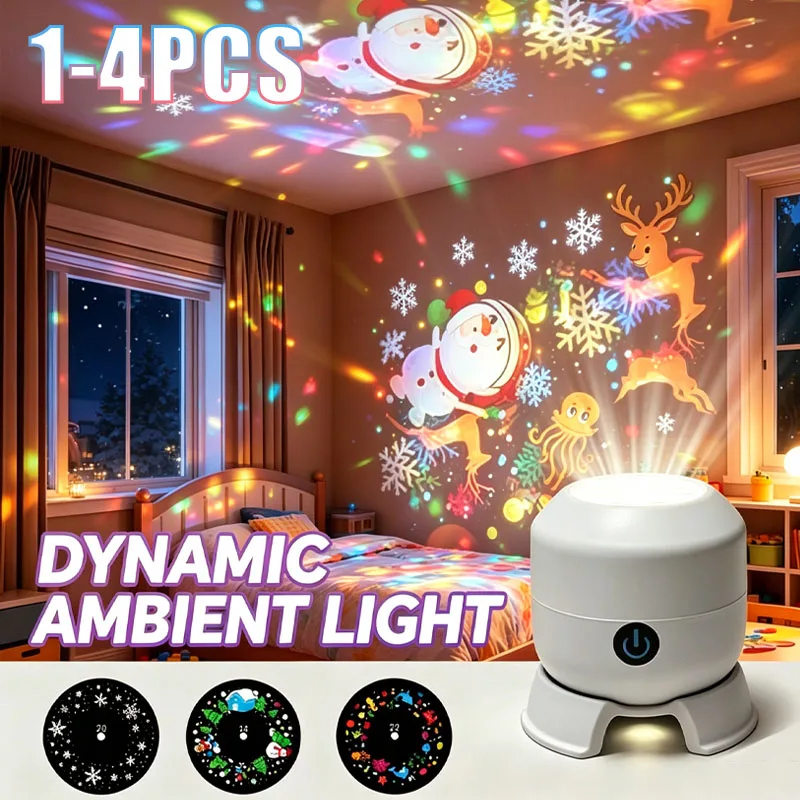 1-4pcs HD Dynamic Star Projector Night Light Rotating Christmas Snowflake Ocean Scene for Bedroom Atmosphere Decor Gift