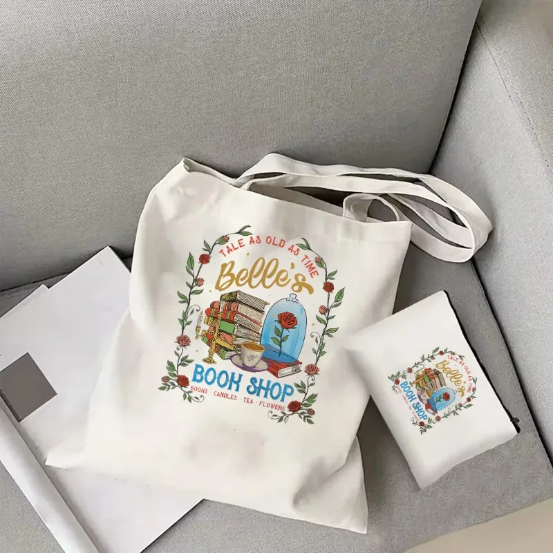 2pc Tale As Old As Time Belle's Book Shop Tote Bag Vintage Beauty and The Beast Tote Bag for Book Lover Harajuku Print Tote Bag