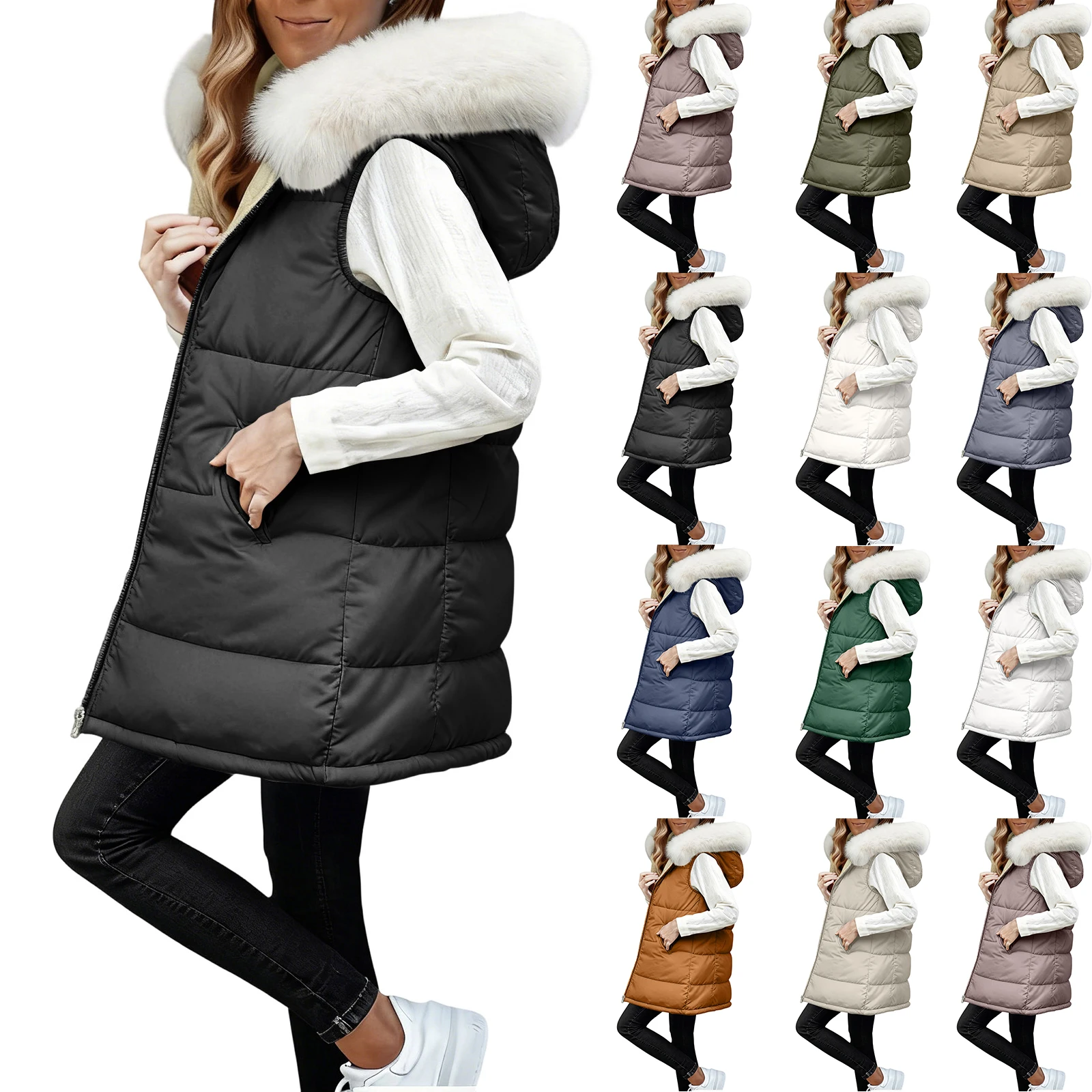 

Women'S Long Vest Fashion Solid Color Sleeveless Hood Winter Vest Outwear Jacket Lightweight Warm Thick Coat Outerwear