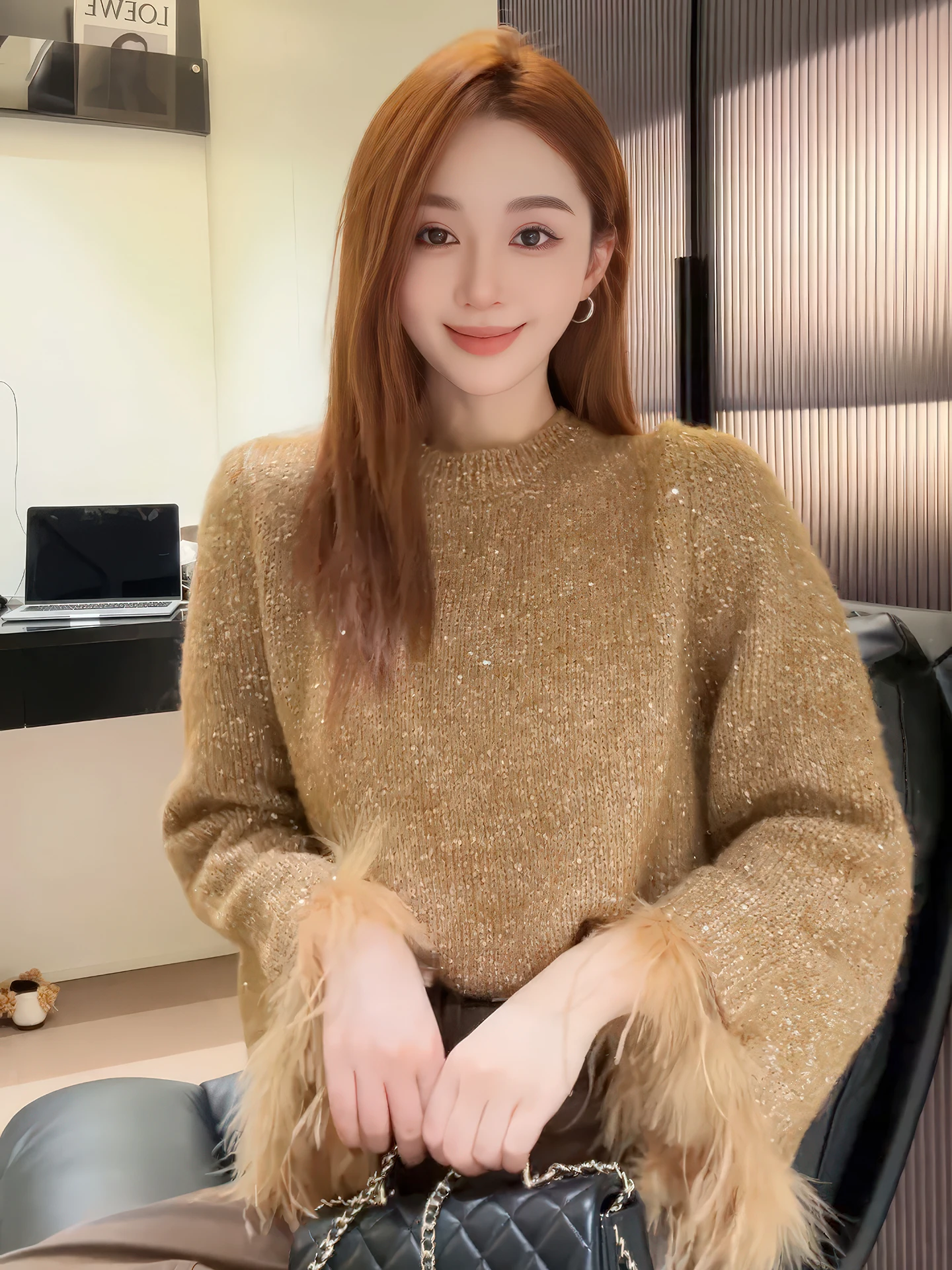 

Korean Sle Sequin Feather Splicing Knitwear Women's Loose Slimming Spring New Faion Sweater Bright iny Long Sve