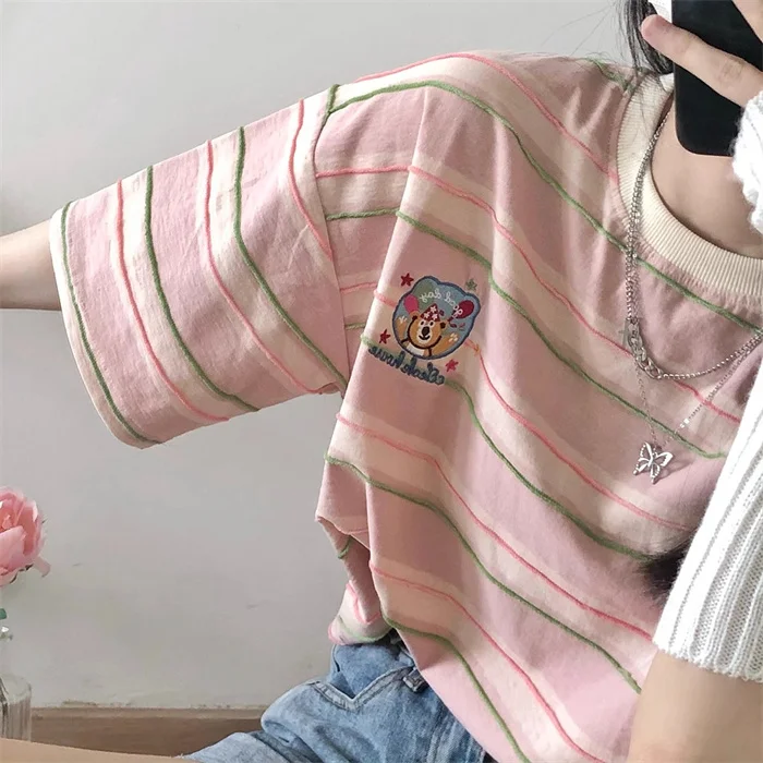 

Dopne Stripe Bear Embroidered Cute ort Sve T-irt Women Summer Loose Casual Pink Anti-aging Trendy Top
